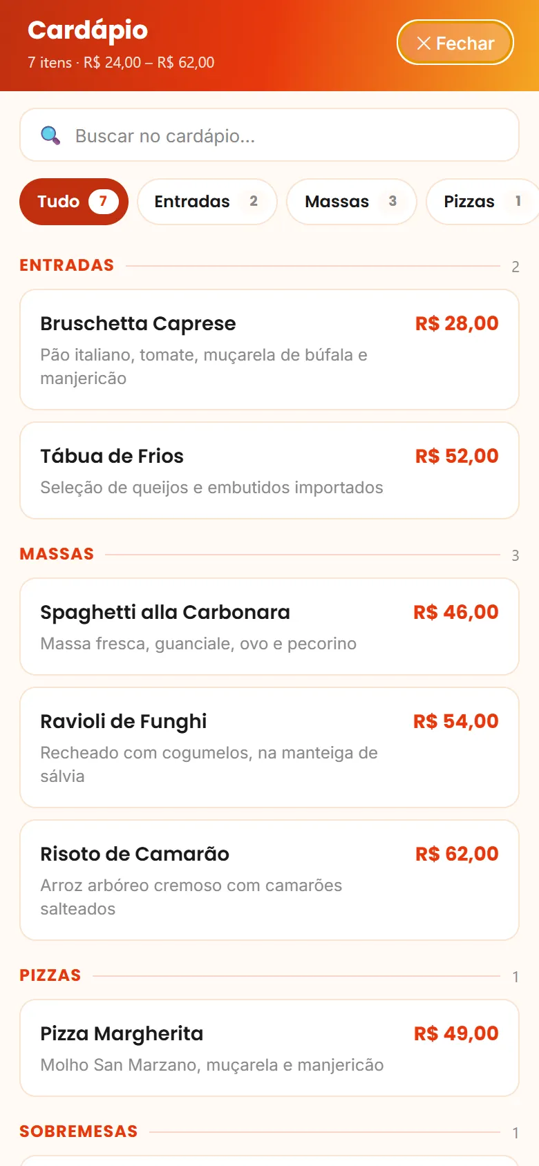 Cardápio do restaurante com categorias, itens e preços