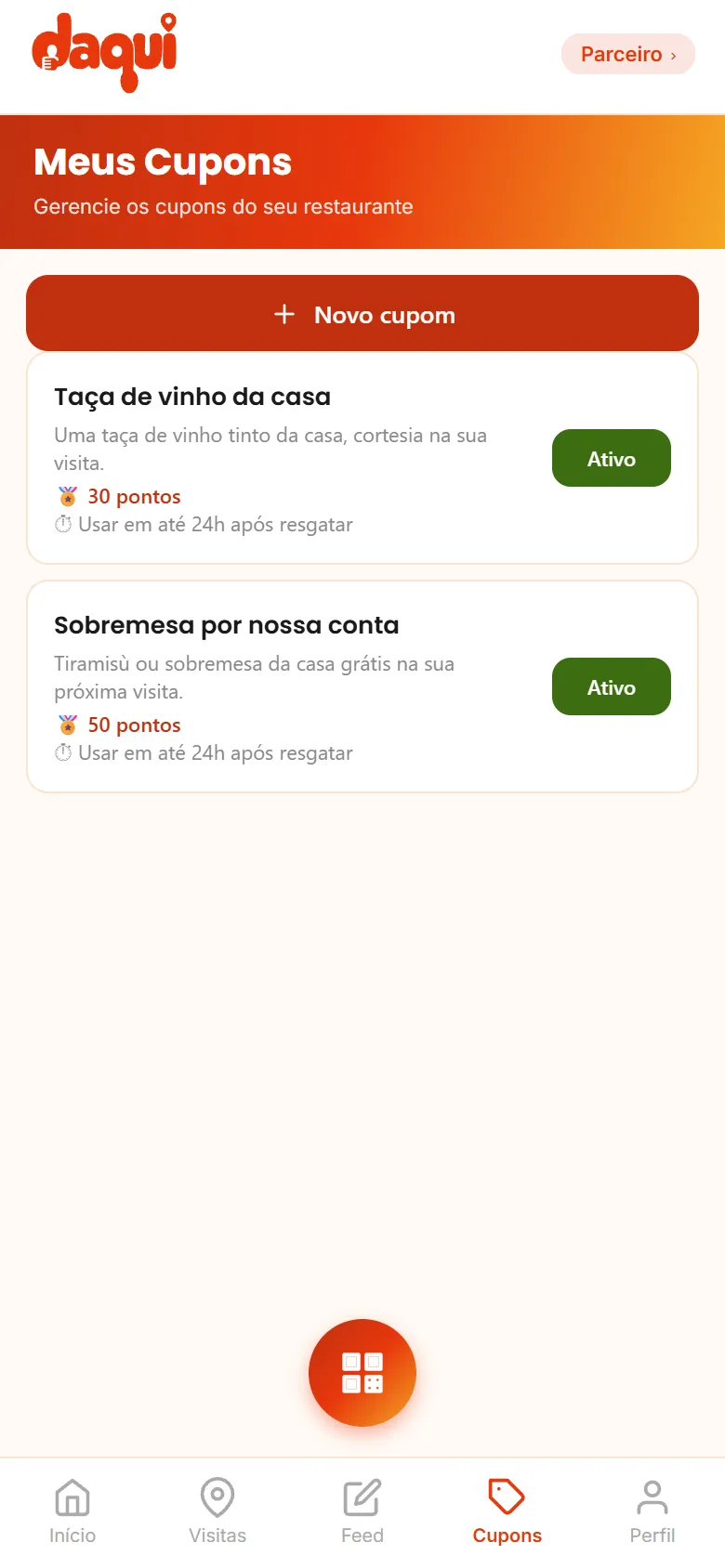 Tela de cupons do comerciante com dois cupons ativos